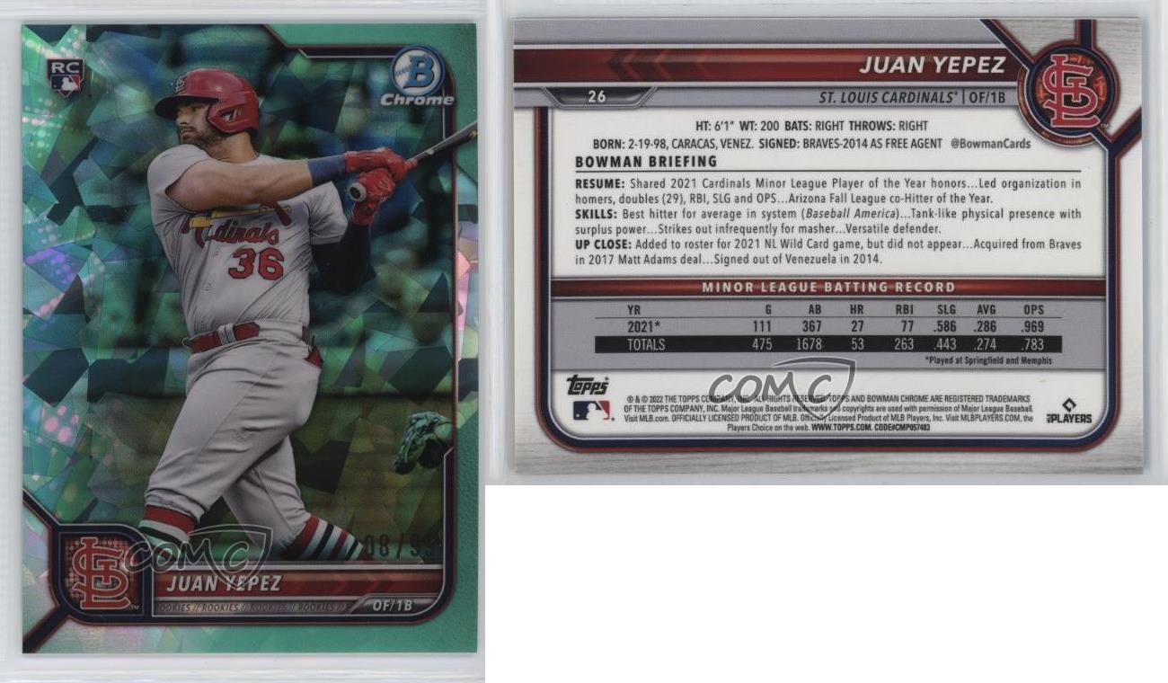 Bowman 2022 edición cromo zafiro Aqua/99 Juan Yepez #26 novato radiocontrol - Imagen 3 de 3