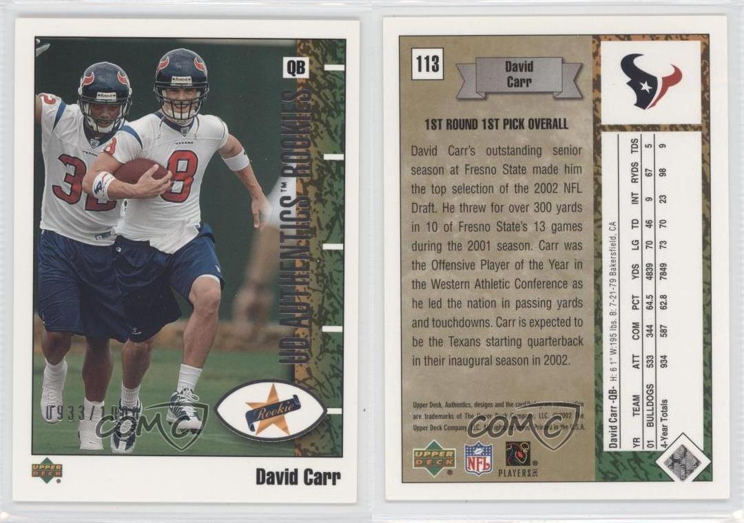 2002 UD Authentics Rookies /1000 David Carr #113 Rookie RC - Picture 4 of 4