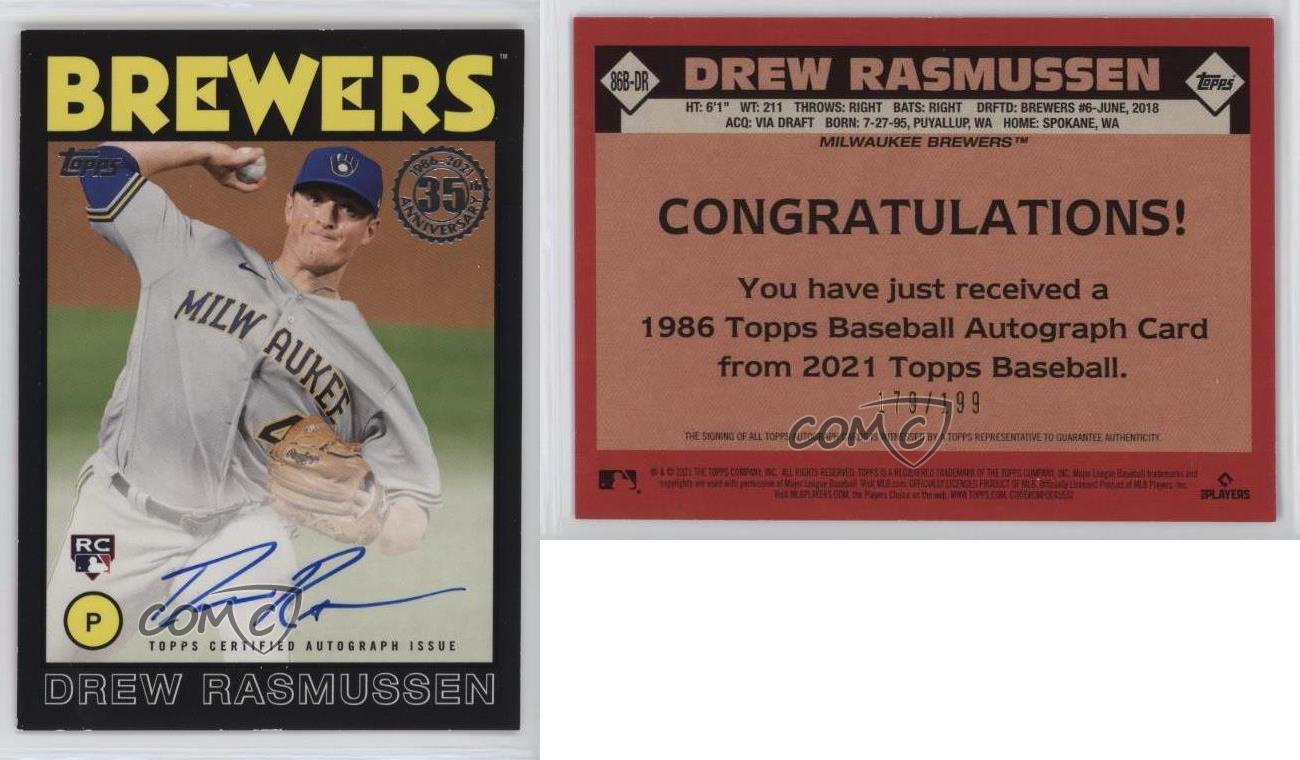 2021 Update 1986 Topps Baseball Black /199 Drew Rasmussen #86B-DR Rookie Auto RC