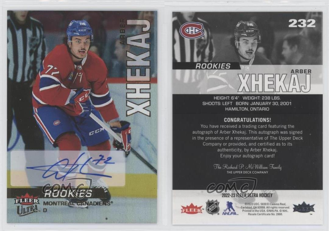 2022-23 Upper Deck Fleer Ultra Rookies Rainbow Foil Arber Xhekaj Rookie Auto RC - Imagen 4 de 4