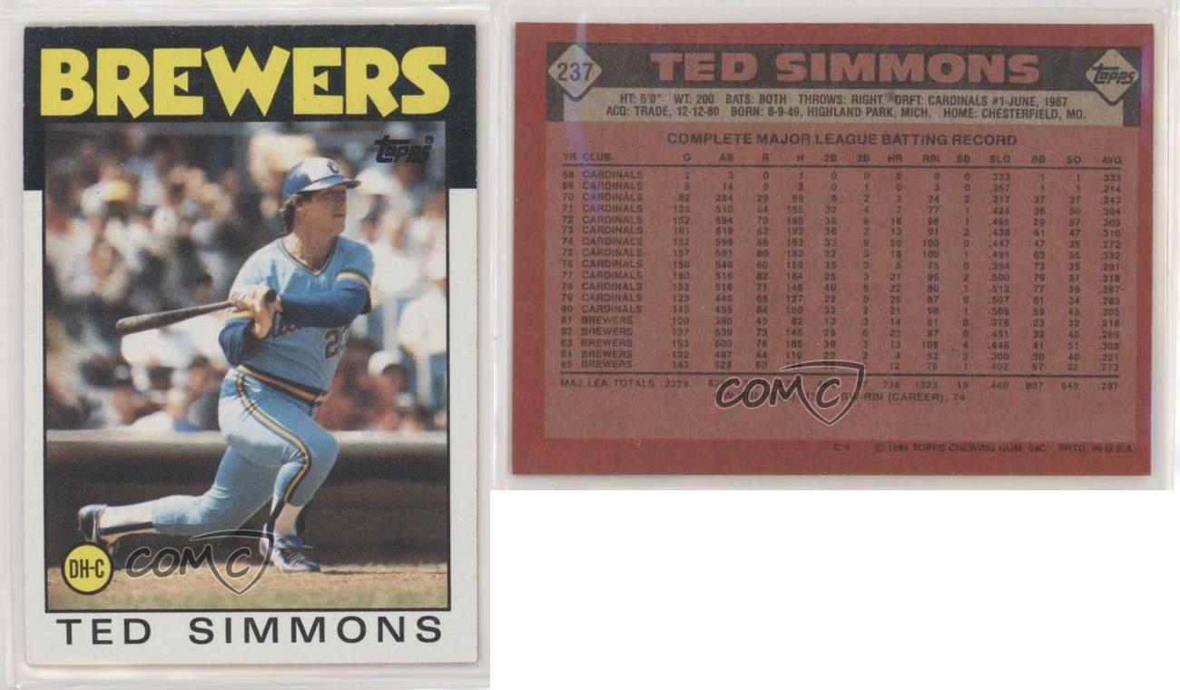 Ted Simmons - Brewers #237 Topps 1986 Baseball Trading Card