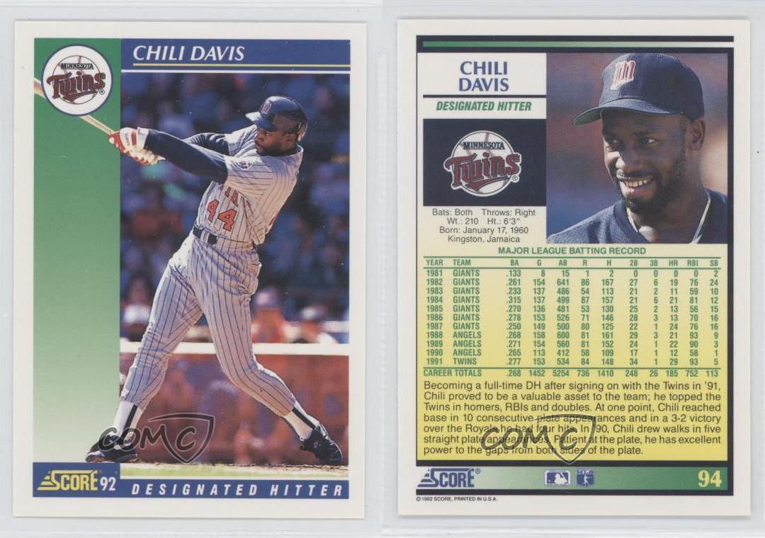 1992 Score 94 Chili Davis Minnesota Twins Baseball Card eBay