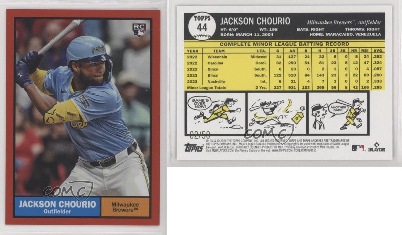 2024 Archives 1961 Topps Red Hot Foilboard/50 Jackson Chourio #44 Rookie RC - Imagen 3 de 3