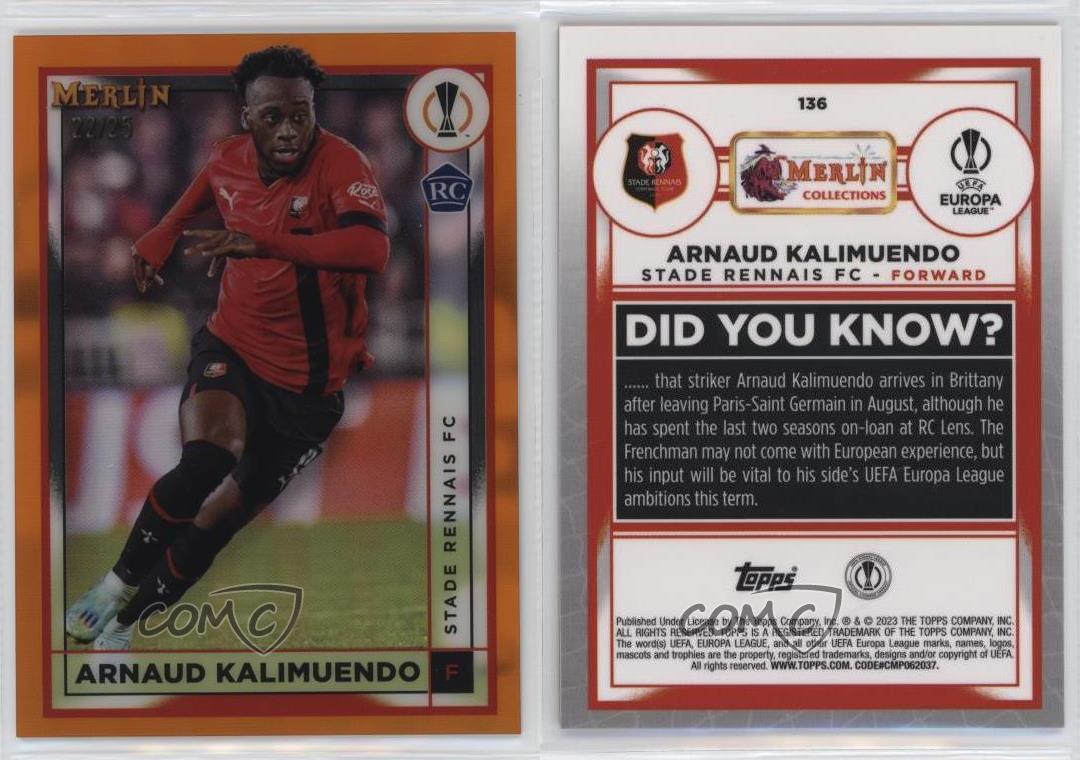 2022-23 Topps Merlin UEFA Club Competitions /25 Arnaud Kalimuendo #136 Rookie RC - Picture 3 of 3
