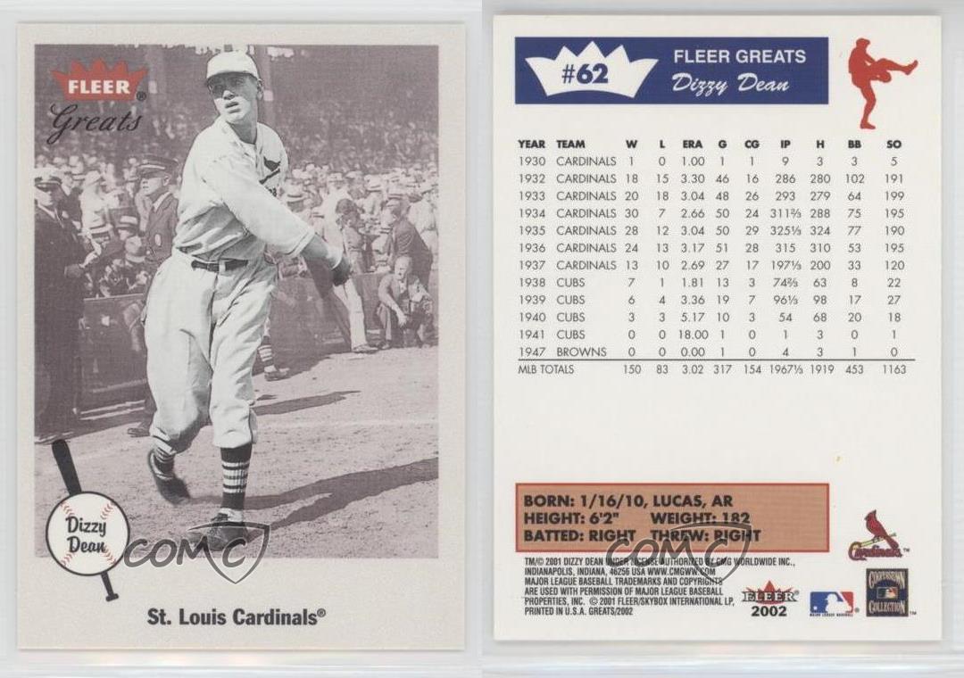 2002 Fleer Greats #62 Dizzy Dean St. Louis Cardinals Baseball Card | eBay