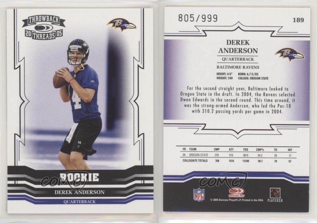 2005 Donruss Throwback Threads Rookie /999 Derek Anderson #189 Rookie RC - Picture 3 of 4