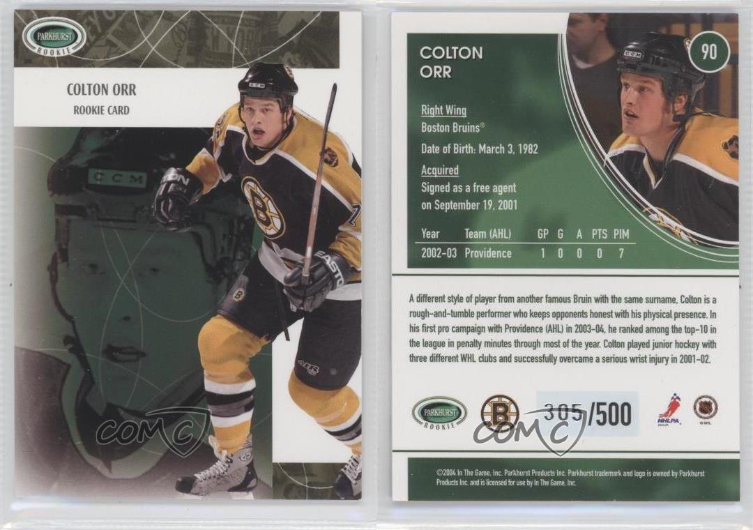 2003-04 Parkhurst Rookie Boston Bruins Hockey Card #90 Colton Orr Rookie /500 