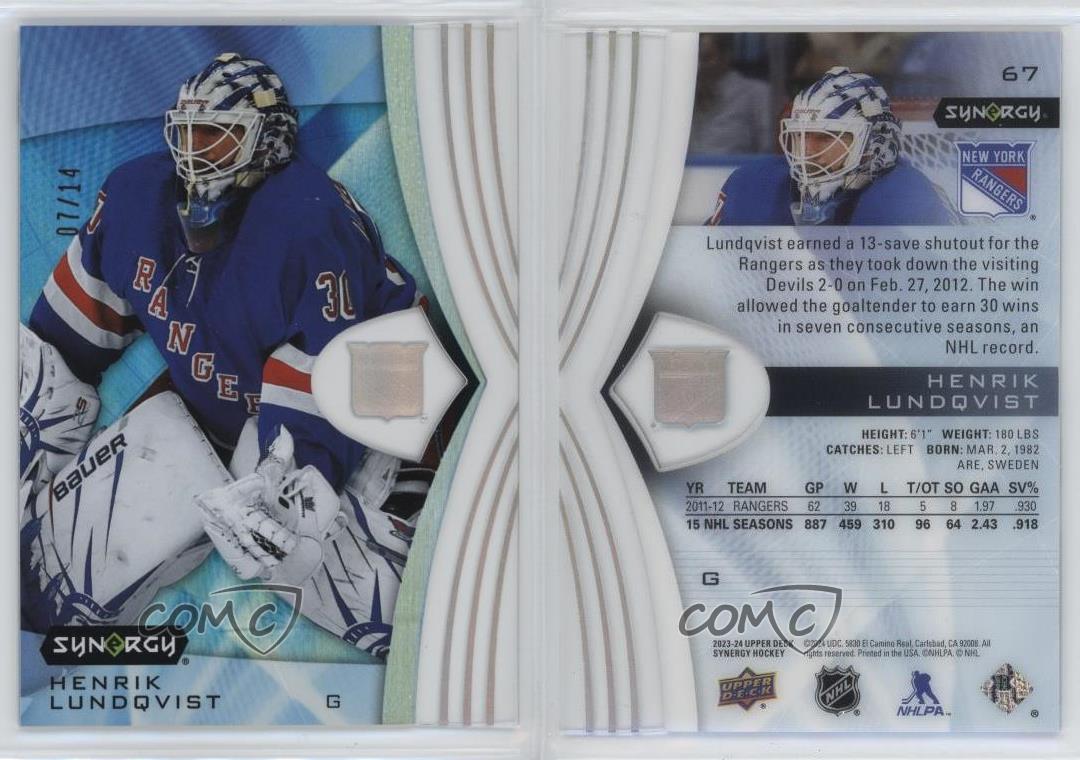 2023-24 Upper Deck Synergy Henrik Lundqvist Legends HOF Patch #67/14 Hockey Card