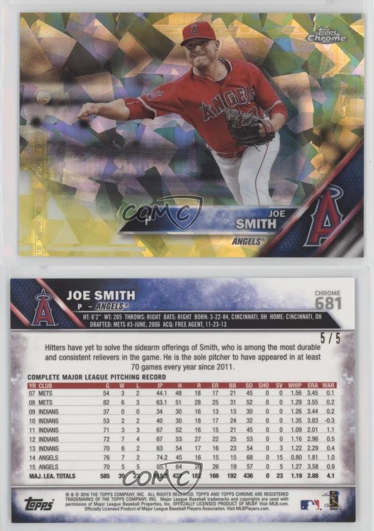 2016 Topps Box Set Chrome Sapphire Edition Oro 65° Anniversario /5 Joe Smith - Foto 3 di 3