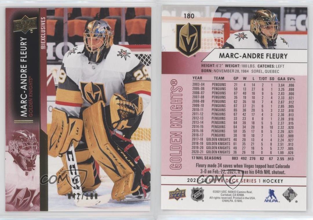 Serie 1 exclusiva de cubierta superior 2021-22/100 Marc-Andre Fleury #180 - Imagen 3 de 4