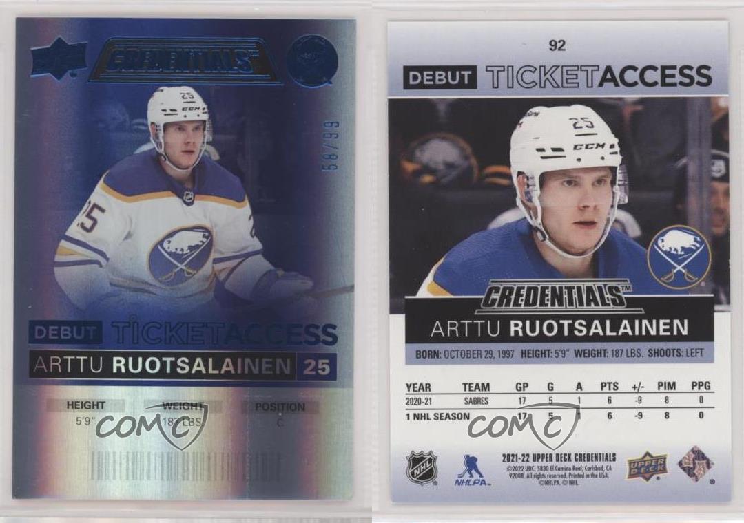 2021 Credentials Debut Ticket Access Blue /99 Arttu Ruotsalainen #92 Rookie RC - Picture 3 of 3