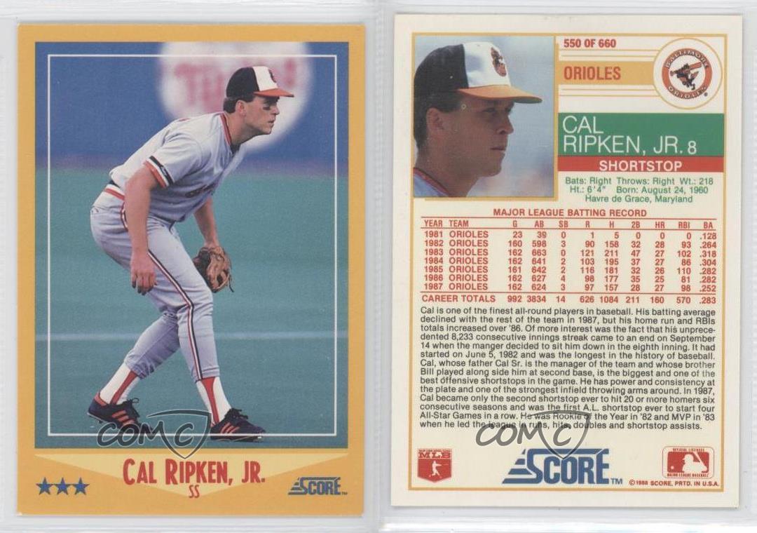 1988 Score 550 Cal Ripken Jr Baltimore Orioles Jr. Baseball Card eBay