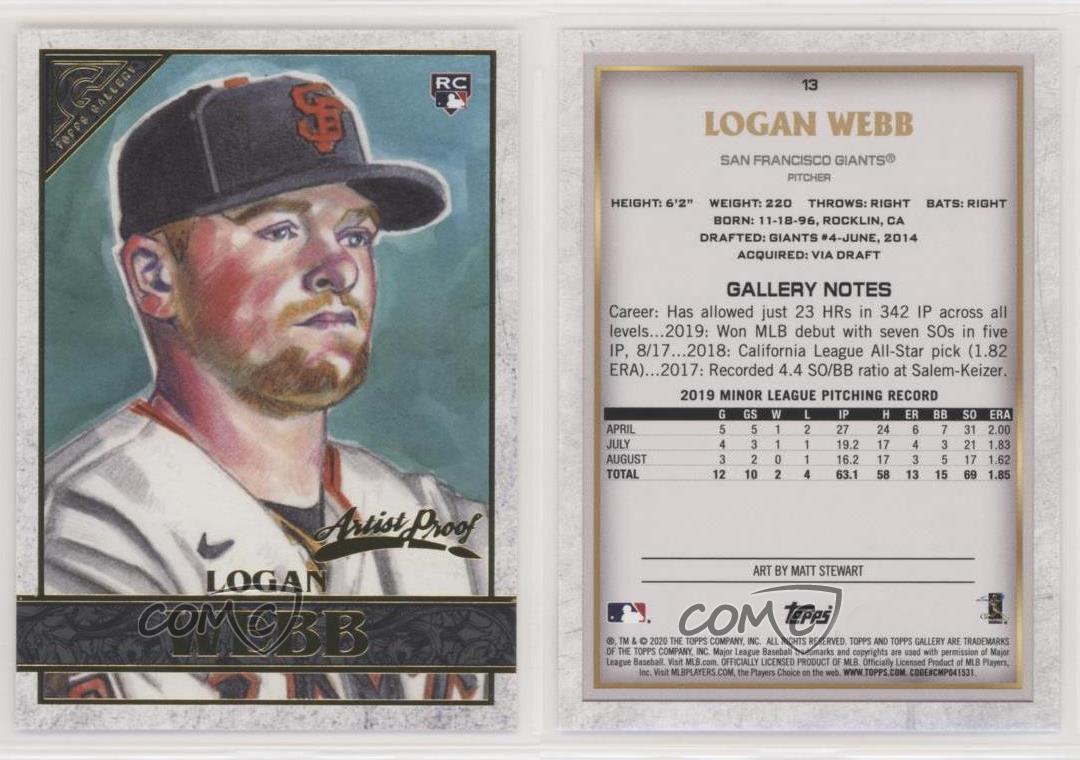 2020 Topps Gallery Artist Proof #13 Logan Webb RC Rookie Card San Francisco Giants Baseball NM-MT 