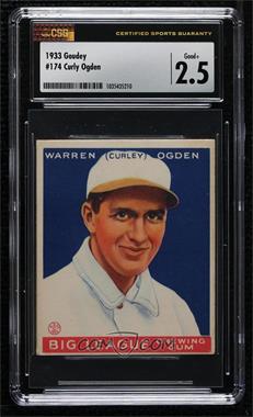 1933 Goudey Big League Chewing Gum - R319 #174 - Warren (Curley) Ogden [CSG 2.5 Good+]