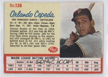 1962 Post - [Base] #136 - Orlando Cepeda