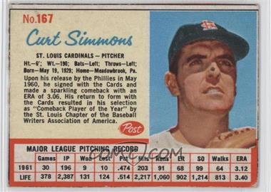 1962 Post - [Base] #167 - Curt Simmons [Good to VG‑EX]