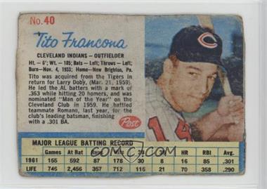 1962 Post - [Base] #40 - Tito Francona [Poor to Fair]