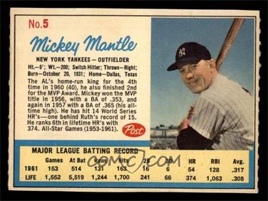 1962 Post - [Base] #5.2 - Mickey Mantle (Post Logo on Back) [EX MT]