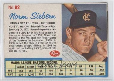 1962 Post - [Base] #92 - Norm Siebern [Good to VG‑EX]