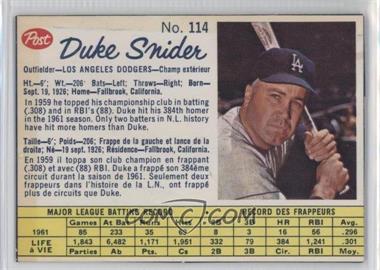 1962 Post Canadian - [Base] #114 - Duke Snider [Good to VG‑EX]