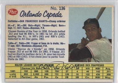 1962 Post Canadian - [Base] #136 - Orlando Cepeda [Good to VG‑EX]