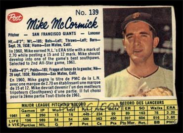 1962 Post Canadian - [Base] #139 - Mike McCormick [GOOD]