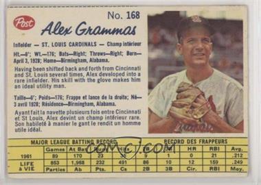 1962 Post Canadian - [Base] #168 - Alex Grammas