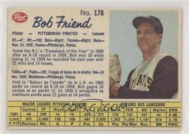 1962 Post Canadian - [Base] #178 - Bob Friend [Good to VG‑EX]