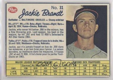 1962 Post Canadian - [Base] #31 - Jackie Brandt [Poor to Fair]