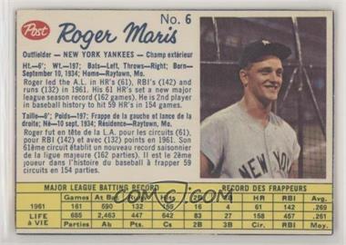1962 Post Canadian - [Base] #6 - Roger Maris