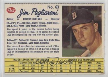 1962 Post Canadian - [Base] #63 - Jim Pagliaroni