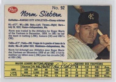 1962 Post Canadian - [Base] #92 - Norm Siebern [Noted]