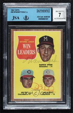 1962 Topps - [Base] #58 - League Leaders - Warren Spahn, Joey Jay, Jim O'Toole [JSA Certified Encased by BGS]