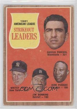 1962 Topps - [Base] #59 - League Leaders - Camilo Pascual, Whitey Ford, Jim Bunning, Juan Pizarro [Noted]