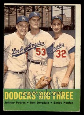 1963 Topps - [Base] #412 - Dodgers' Big Three (Johnny Podres, Don Drysdale, Sandy Koufax) [VG]