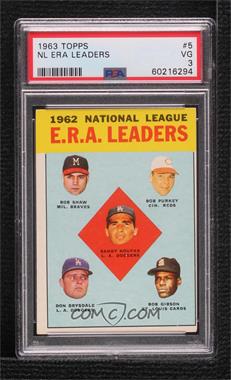 1963 Topps - [Base] #5 - League Leaders - National League ERA Leaders (Bob Shaw, Bob Purkey, Sandy Koufax, Don Drysdale, Bob Gibson) [PSA 3 VG]