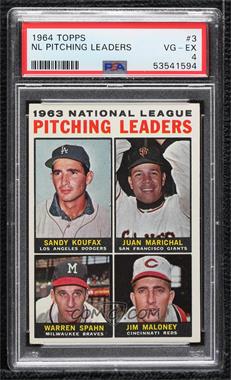 1964 Topps - [Base] #3 - League Leaders - 1963 NL Pitching Leaders (Sandy Koufax, Juan Marichal, Warren Spahn, Jim Maloney) [PSA 4 VG‑EX]