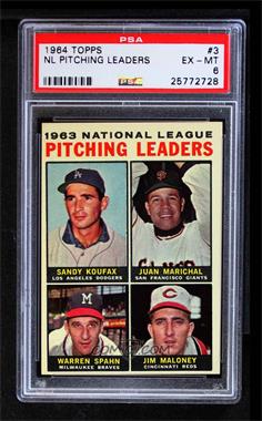 1964 Topps - [Base] #3 - League Leaders - 1963 NL Pitching Leaders (Sandy Koufax, Juan Marichal, Warren Spahn, Jim Maloney) [PSA 6 EX‑MT]