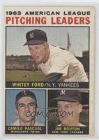 1963 AL Pitching Leaders (Whitey Ford, Camilo Pascual, Jim Bouton) (Apostrophe …