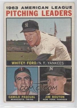 1964 Topps - [Base] #4.1 - League Leaders - 1963 AL Pitching Leaders (Whitey Ford, Camilo Pascual, Jim Bouton) (Apostrophe after Pitching on Back)