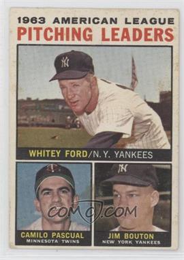 1964 Topps - [Base] #4.1 - League Leaders - 1963 AL Pitching Leaders (Whitey Ford, Camilo Pascual, Jim Bouton) (Apostrophe after Pitching on Back) [Good to VG‑EX]