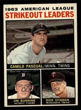 1964 Topps - [Base] #6 - League Leaders - 1963 AL Strikeout Leaders (Camilo Pascual, Jim Bunning, Dick Stigman) [EX MT]