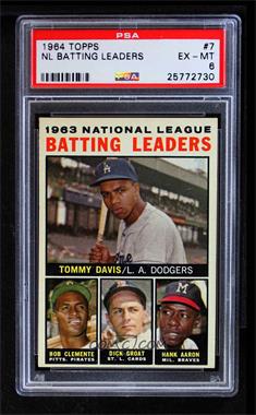 1964 Topps - [Base] #7 - League Leaders - 1963 NL Batting Leaders (Tommy Davis, Roberto Clemente, Hank Aaron, Dick Groat) [PSA 6 EX‑MT]