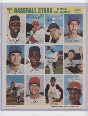 1969 Sports Collectors Photostamps - Uncut 12-Card Sheet #NL7 - Hank Aaron, Tommy Helms, Denis Menke, Don Sutton, Al Ferrara, Willie Mays, Bill Hands, Rusty Staub, Bud Harrelson, Johnny Callison, Roberto Clemente, Julian Javier