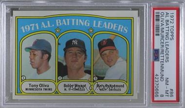 1972 Topps - [Base] #86 - League Leaders - Tony Oliva, Bobby Murcer, Merv Rettenmund [PSA 8 NM‑MT]