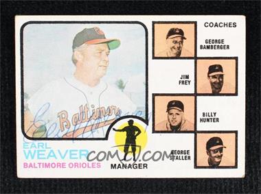 1973 Topps - [Base] #136.1 - Earl Weaver, George Bamberger, Jim Frey, Billy Hunter, George Staller (Orange Background) [JSA Certified COA Sticker]