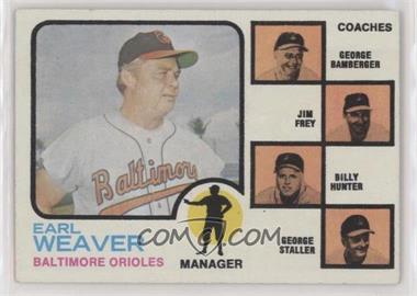 1973 Topps - [Base] #136.2 - Earl Weaver, Billy Hunter, Jim Frey, George Staller, George Bamberger (Brown Background)