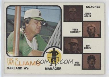 1973 Topps - [Base] #179.1 - A's Coaches (Dick Williams, Jerry Adair, Vern Hoscheit, Irv Noren, Wes Stock) (Brown Background)