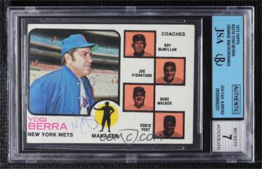 1973 Topps - [Base] #257.1 - Mets Coaches (Yogi Berra, Roy McMillan, Joe Pignatano, Rube Walker, Eddie Yost) (Coaches Background Brown) [JSA Certified Encased by BGS]