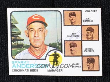 1973 Topps - [Base] #296 - Sparky Anderson, Alex Grammas, Ted Kluszewski, George Scherger, Larry Shepard [JSA Certified COA Sticker]